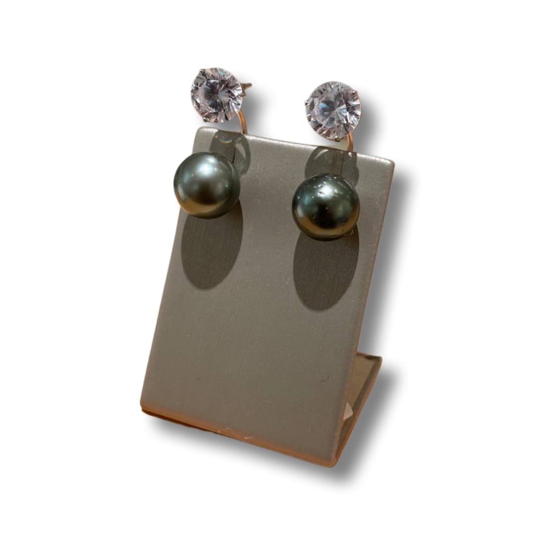 Sasha by Alexander, Dark Grey South Sea Pearl Jacket Earrings, white topaz stud and sterling silver