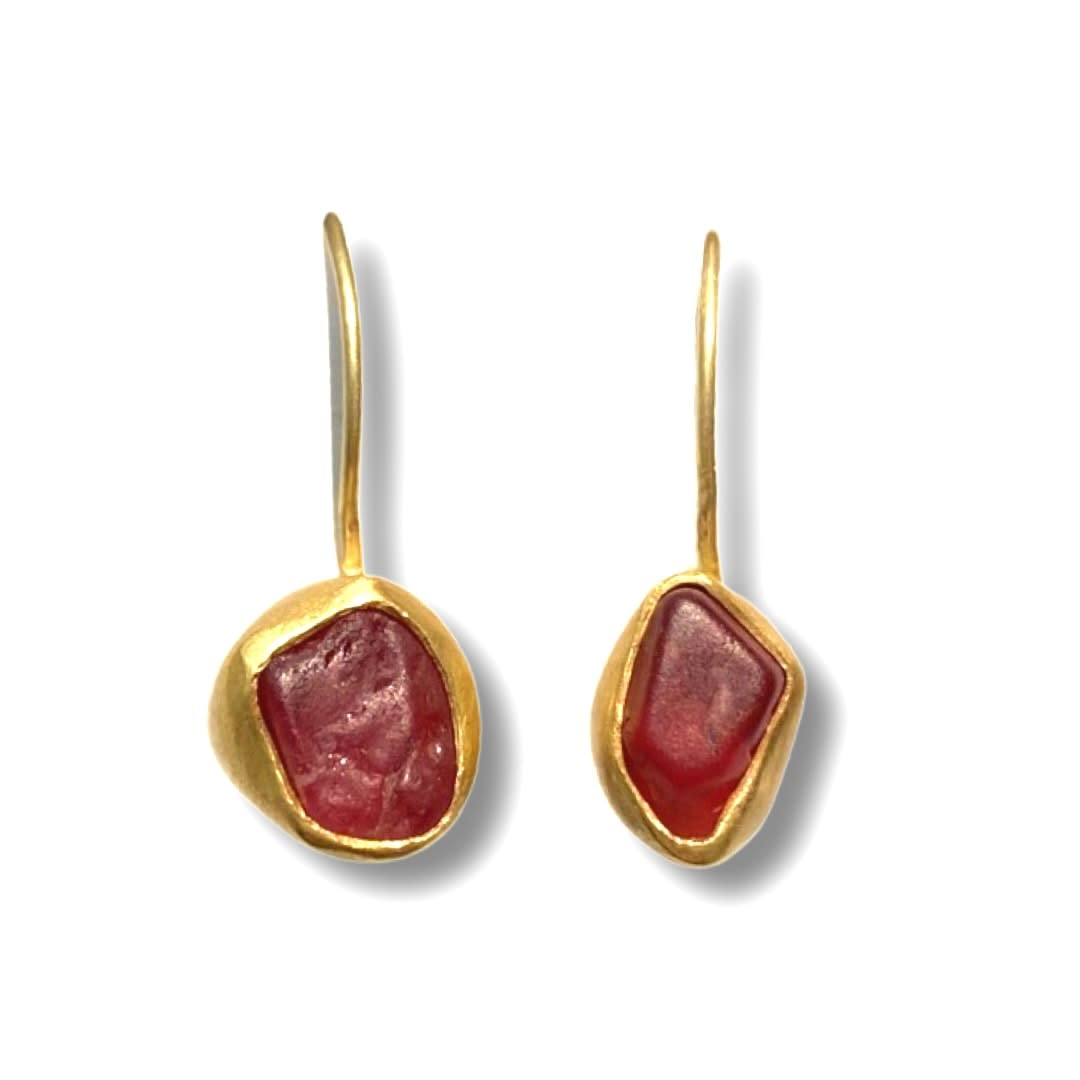 Marki Knopp, Rough Ruby Earrings, 22K Gold + 18k Earwires