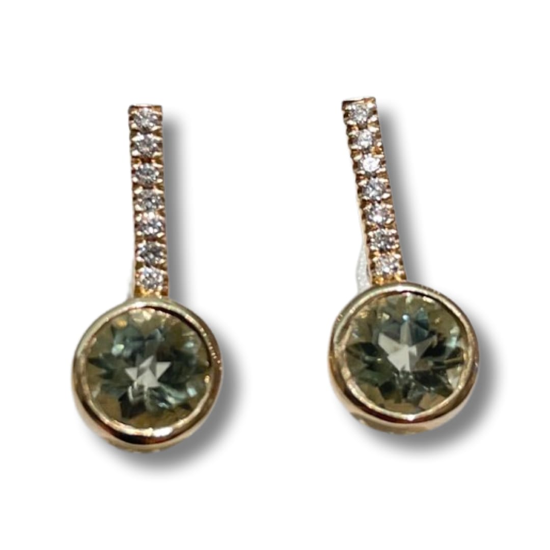 Lauren Chisholm, 14k 18kw Rose Cut Prasiolite and Diamond Bar Studs