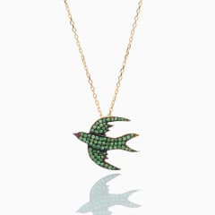 Nayla Shami, Tsavorite Bird Necklace Big Mini, 18K Gold & Tsavorites w/ 1 Ruby Eye, 16-18