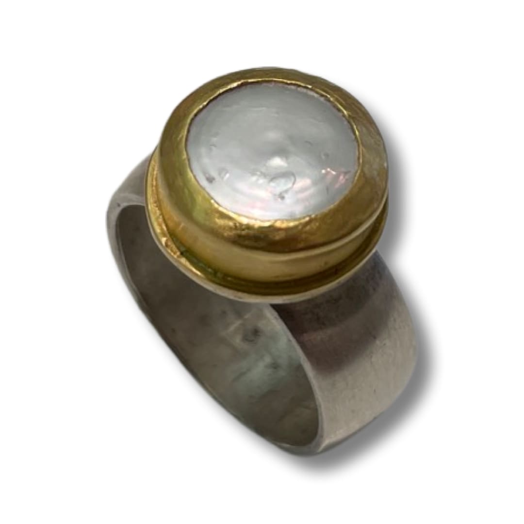 Marki Knopp, Round Coin Pearl Ring w/ 22K Gold Bezel & Wide SS Shank
