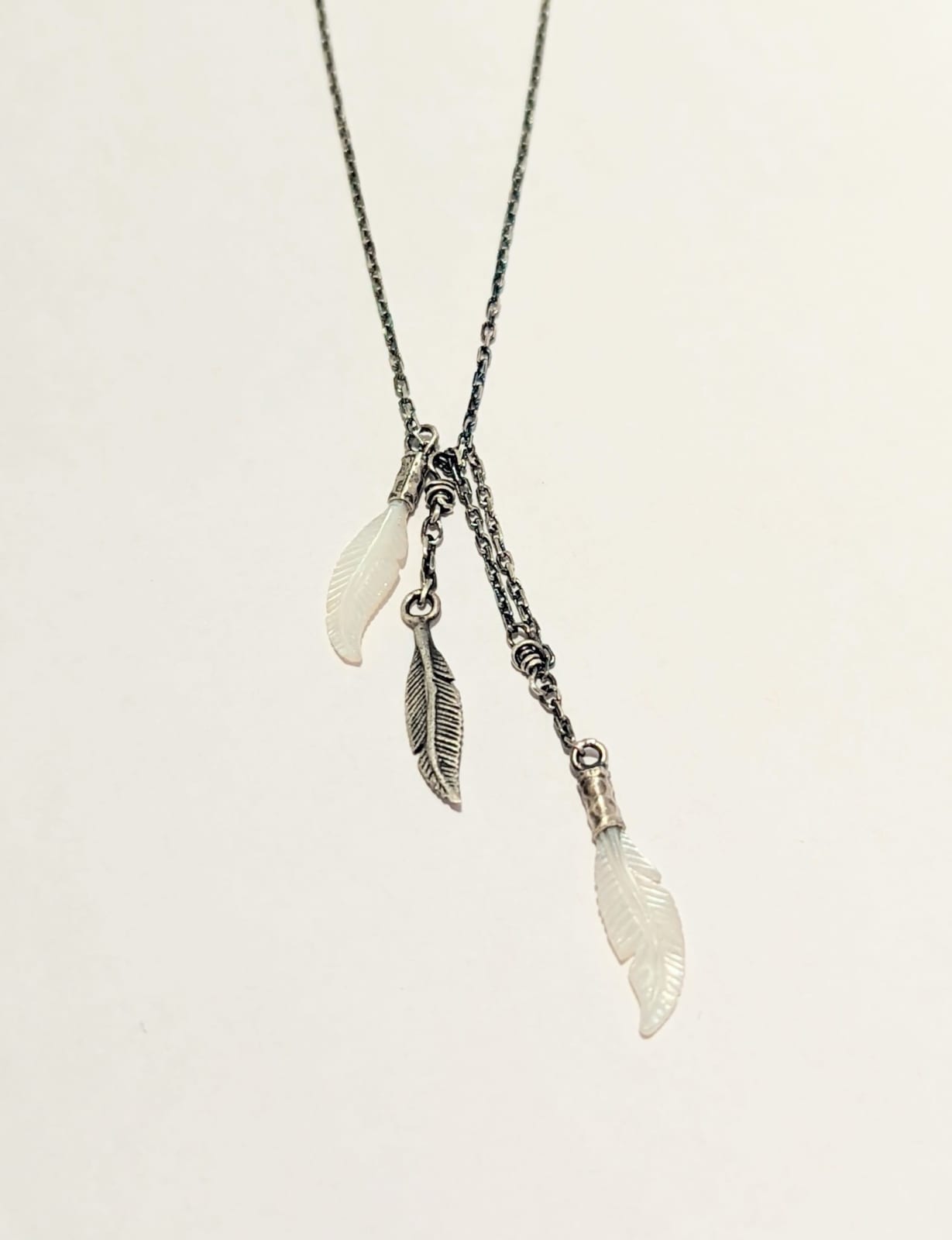Heather Benjamin, Hand Carved Mother of Pearl Feathers, Cast and Carved Necklace