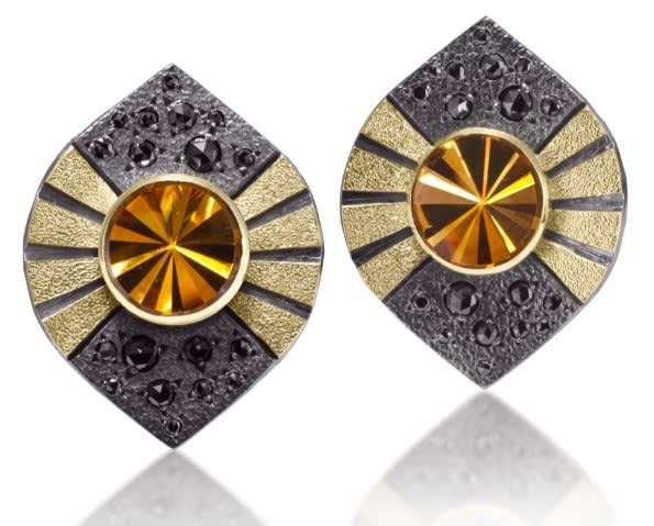 Elizabeth Garvin, Gold and Silver Earrings with Citrine and Black Diamonds