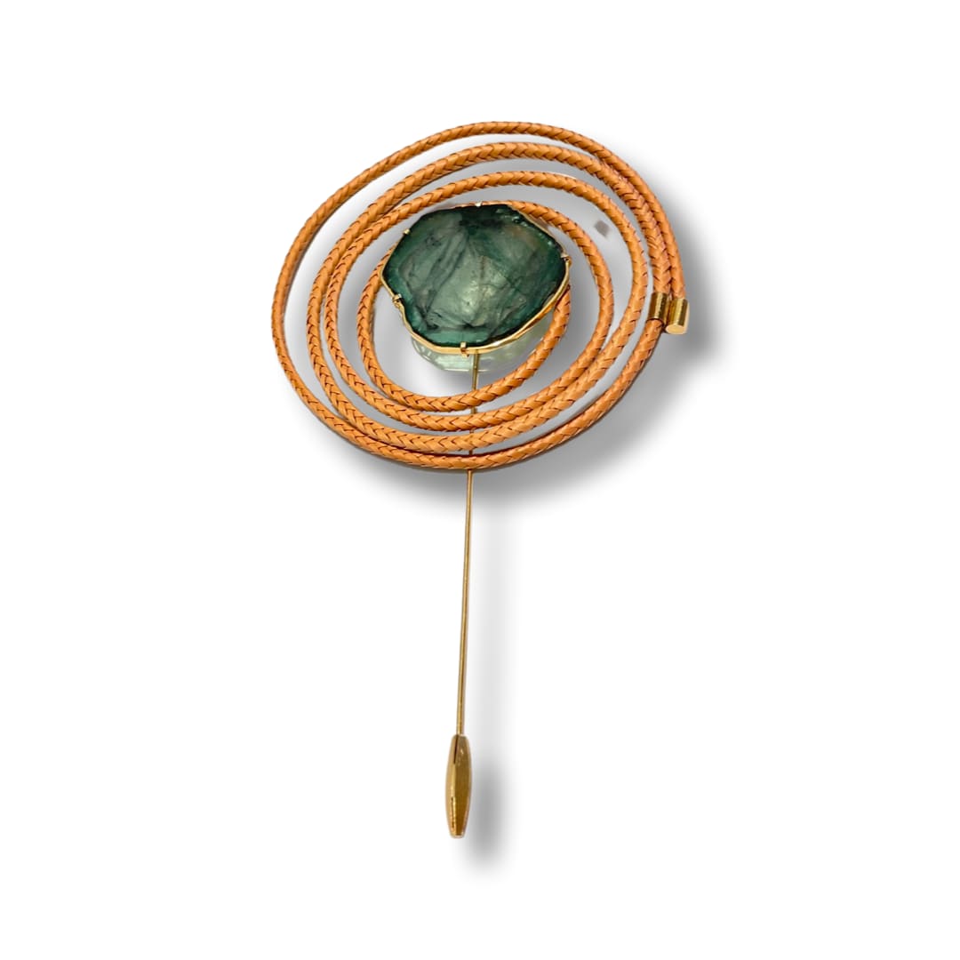 Sandra Frias, Brooch, woven palm and emerald slice