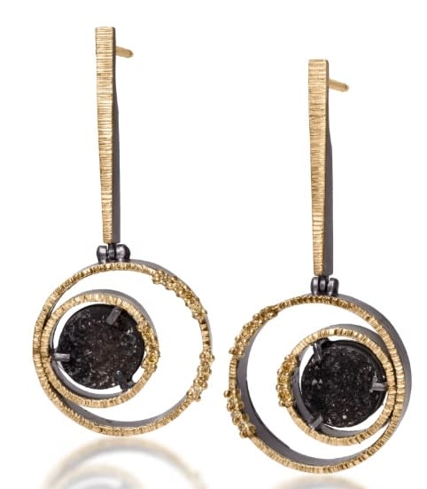 Elizabeth Garvin, Spiral Drusy Earrings with Yellow Diamonds on Post