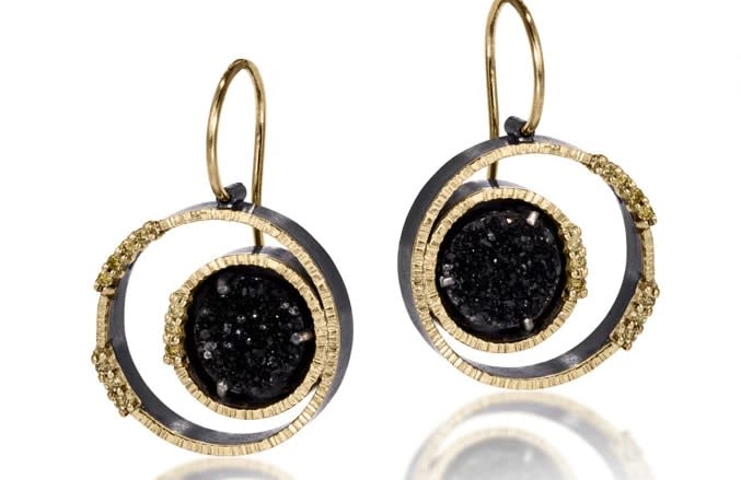 Elizabeth Garvin, Spiral Drusy Earrings with Yellow Diamonds on Earwires