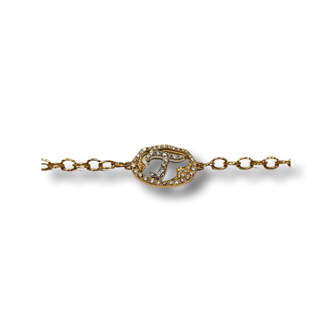 Loree Rodkin, Pave Oval Gothic Initial Letter T/Tiny Chain Bracelet 7