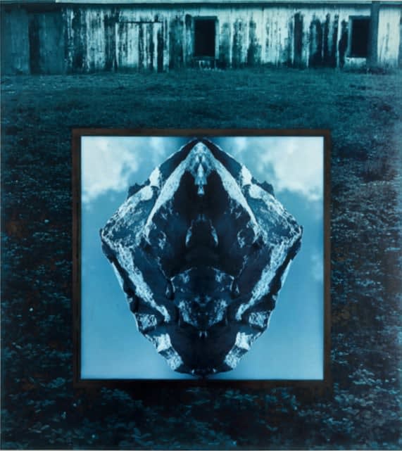 Jerry Uelsmann, Untitled, 1968 (Symmetrical Rock and Barn Blue Tone), 1968