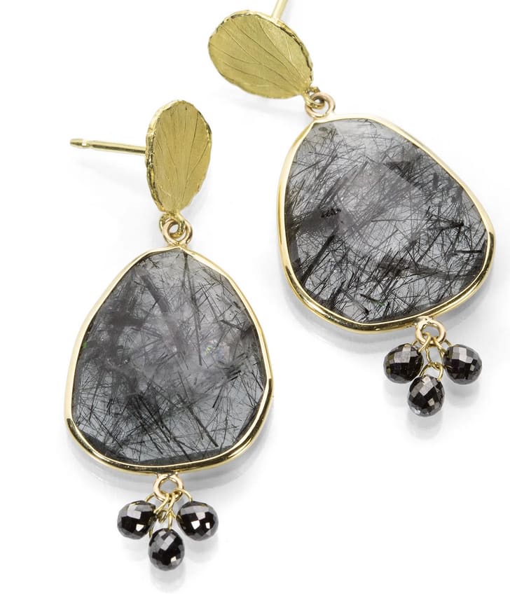 Barbara Heinrich, Bezel Wrapped Tourmalated Quartz Drop Earrings w/ 6 Black Dia Briolette Drops