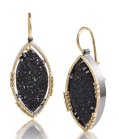 Elizabeth Garvin, Pointed Oval Drusy Earrings with Yellow Diamonds