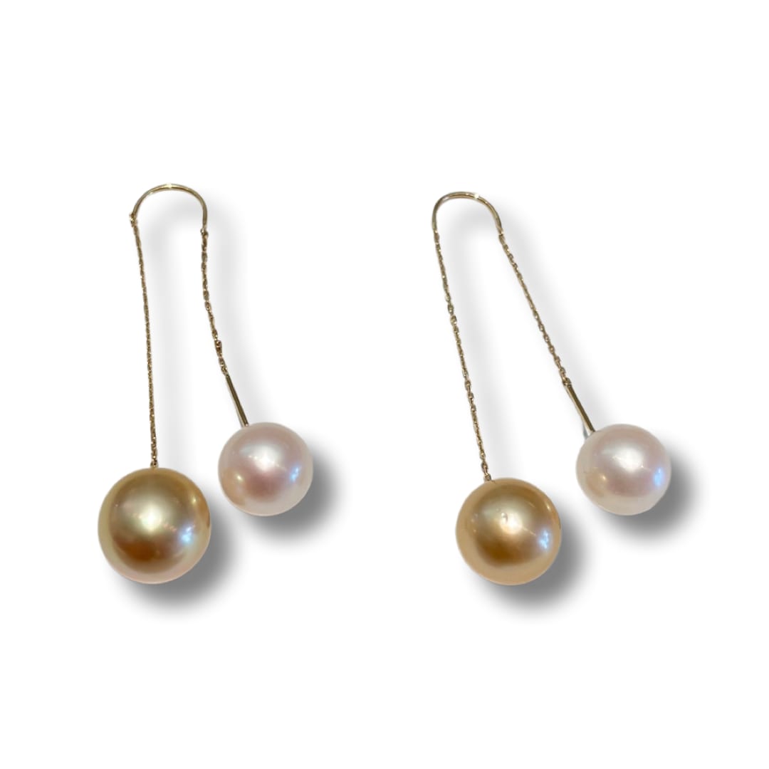 Sasha by Alexander, United Pearls Earrings, deep gold and light gold South Sea Pearls, 14k gold