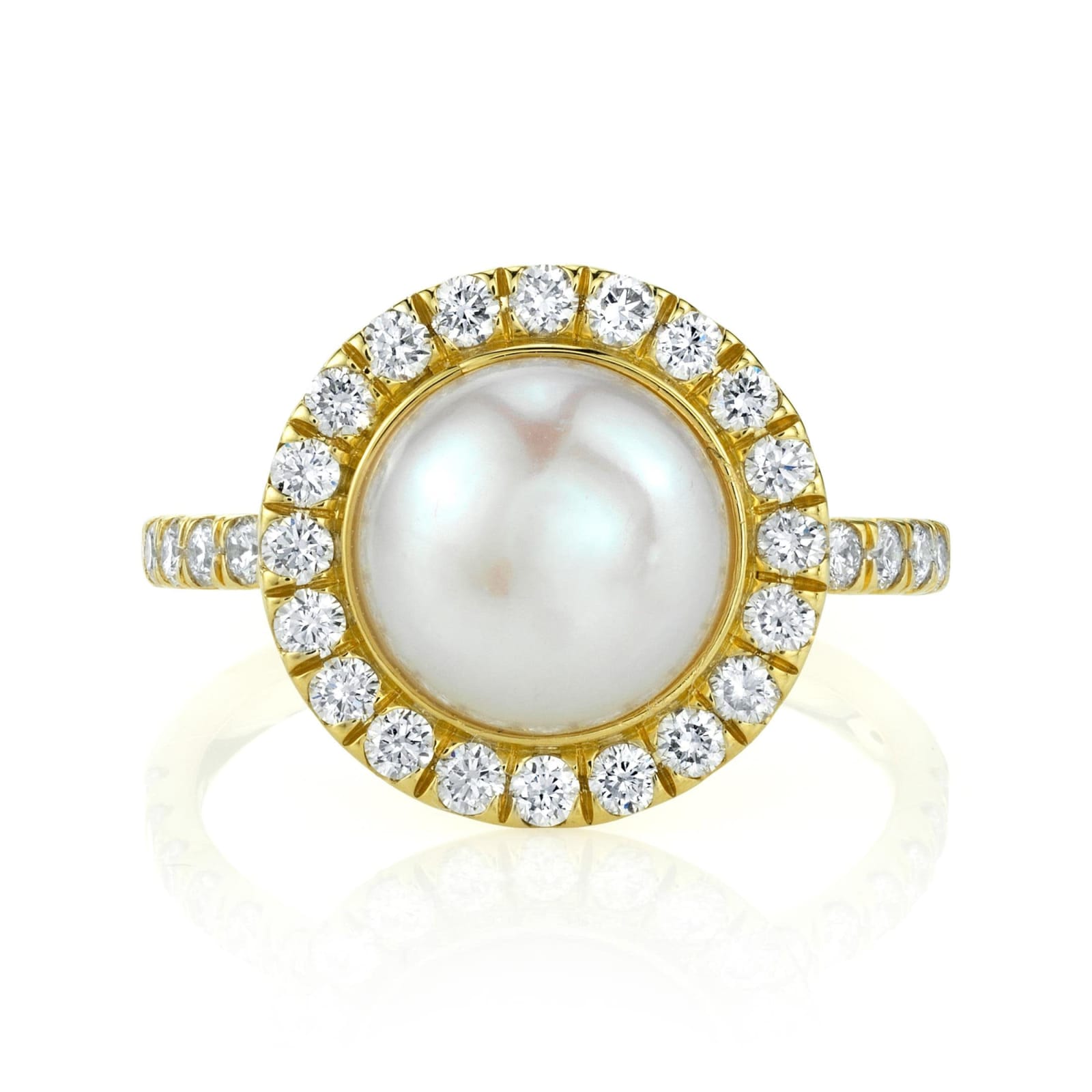 Sloane Street, White Pearl Solitaire Ring with White Diamond Detail