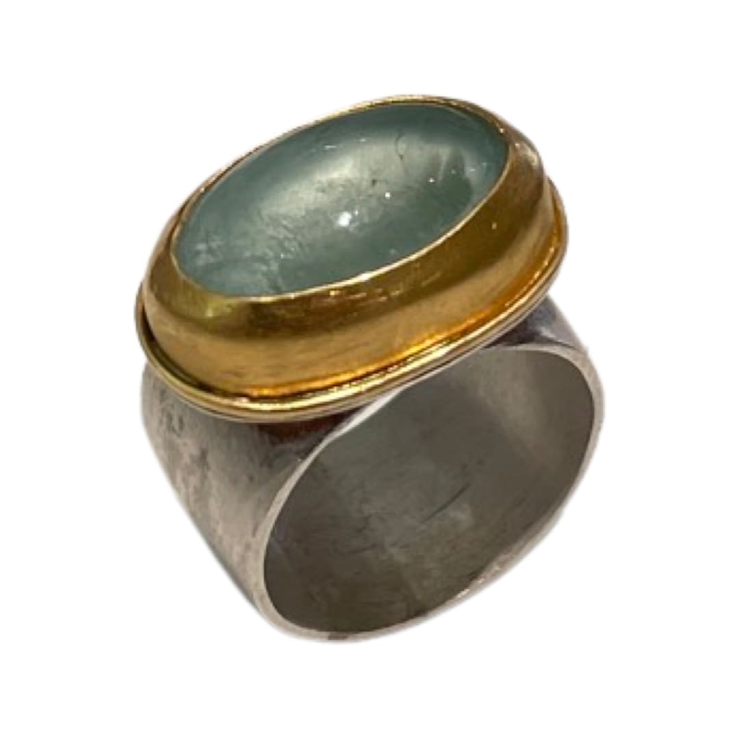 Marki Knopp, Aquamarine Oval Ring in 22K YG Bezel, Wide SS Shank (6.5)