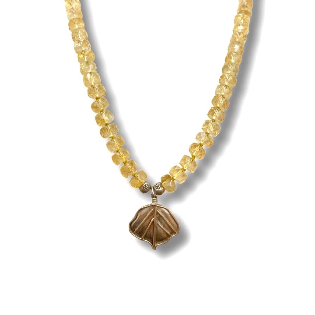 Marki Knopp, Citrine Necklace w/ SS Aspen Leaf Pendant