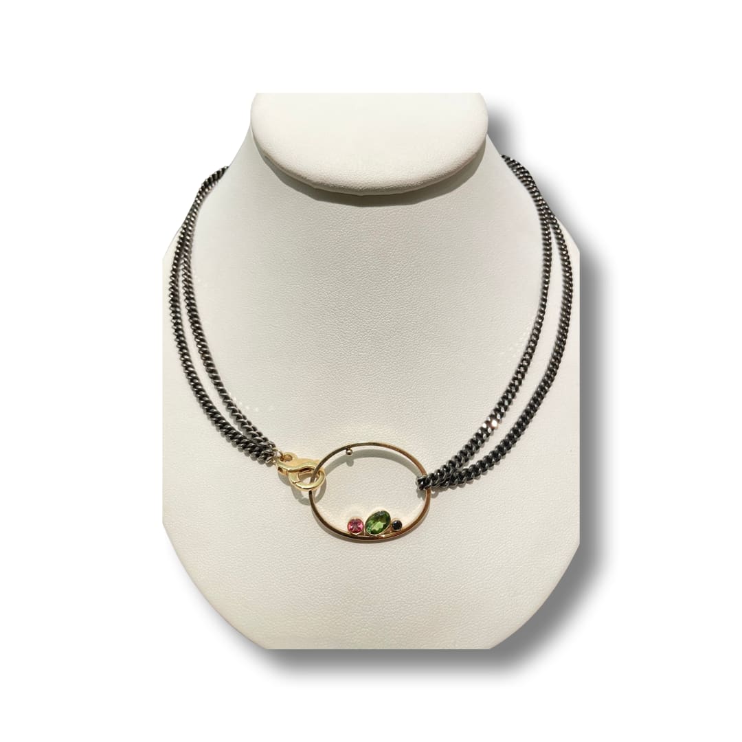 Lauren Chisholm, 14k 18kw Gem Oval on SS Rhodium Chain Pink Topaz Green Tourmaline Blue Diamond