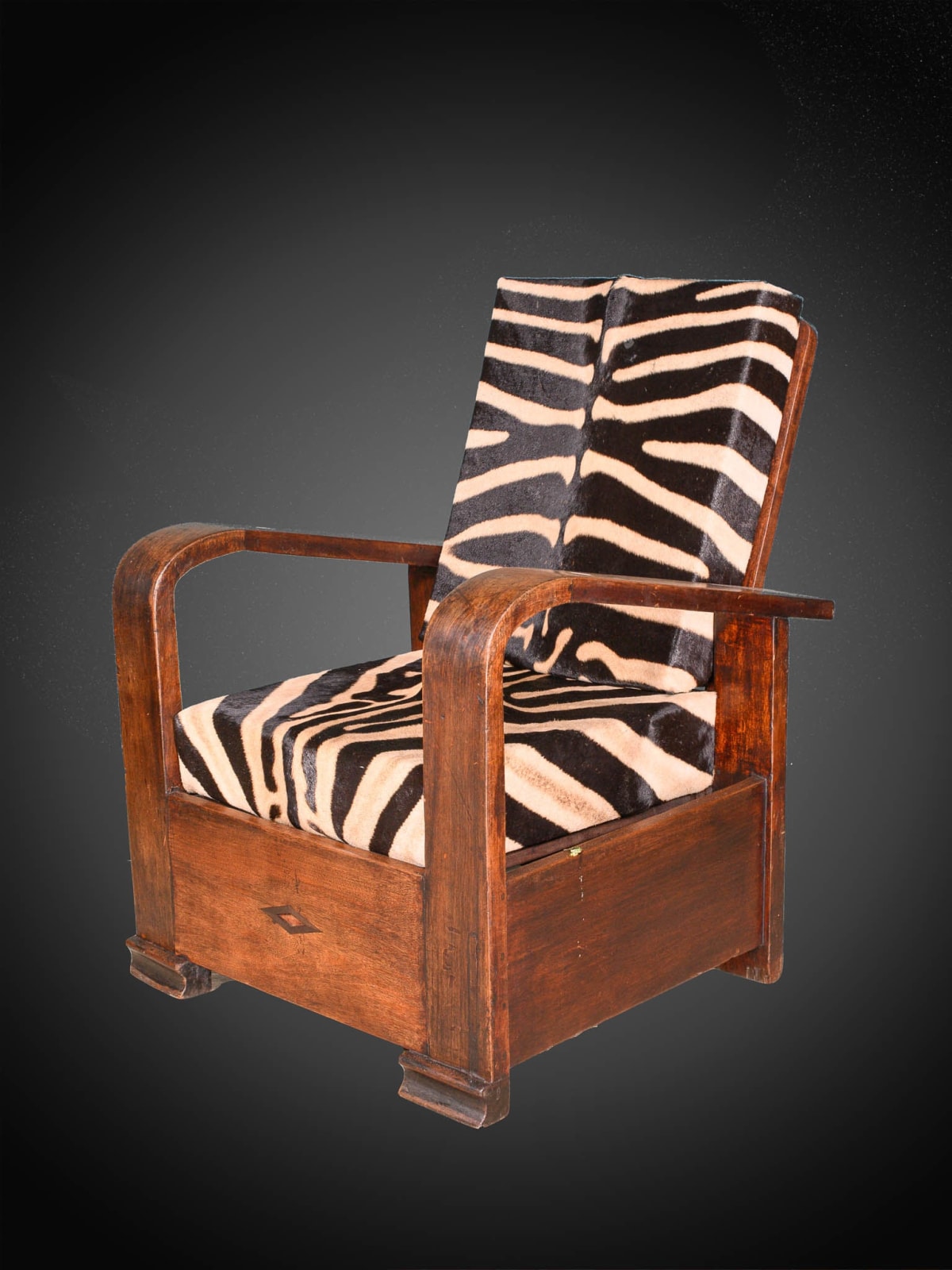 Pair of Midcentury Wooden Lounge Chairs with folding back and real zebra skin cushions, 20th Century