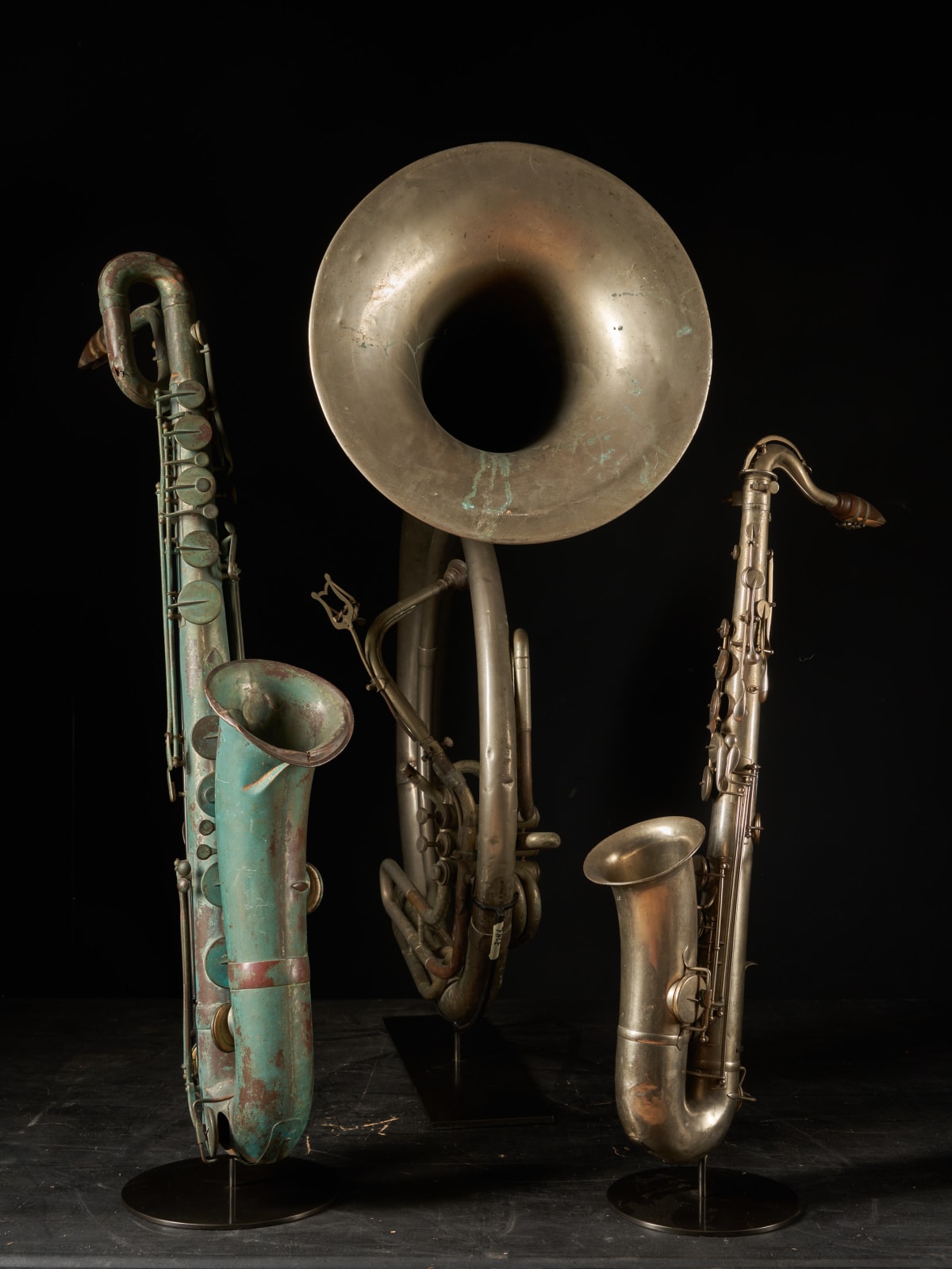 Early 20th C decorative set of a Bombardon and two Saxophones by F.Cauwelaert-apprentice of Adolphe Sax., 20th C