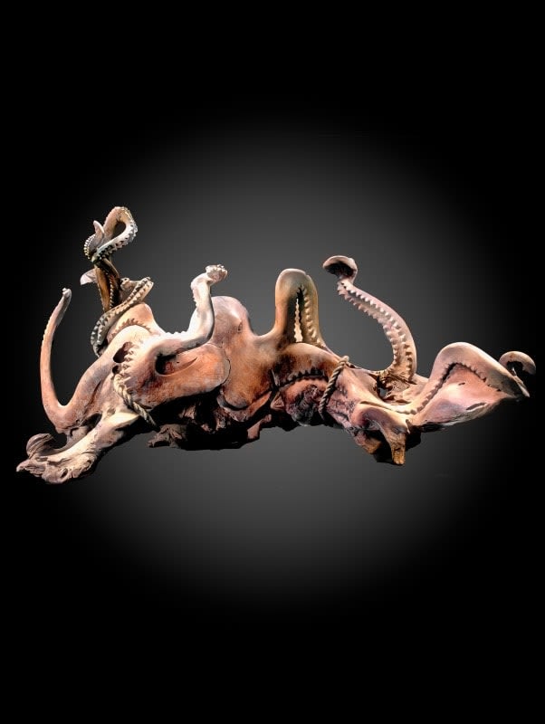 Wooden massive (180 cm) Octopus sculpture made out of one block.Unknown artist,small restaurations., 20th Century