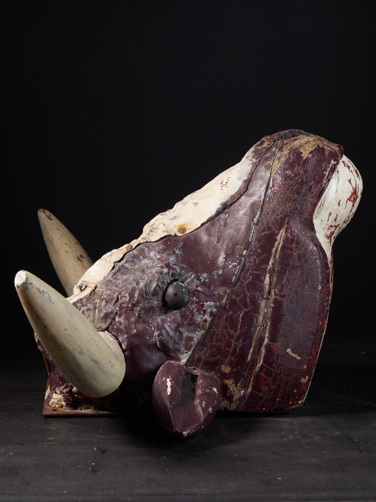 19 th C Butcher's Exterior Shop Sign of a wooden Steer Head covered with polychromed weathered lead, 1st half 19th Century