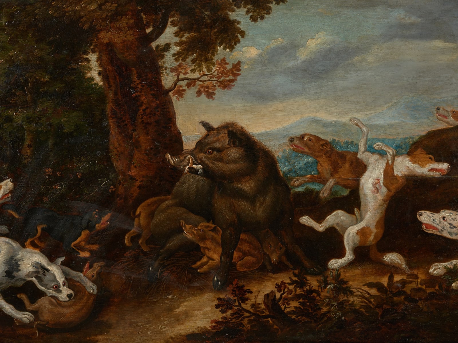 17th C Wild Boar Hunt, Attr. to Jan van Kessel (Antwerp,1626 -Antwerp,1679) on Panel marked by Guilliam Gabron (1609-1662), Antwerp, Oil on Oak, 17th C