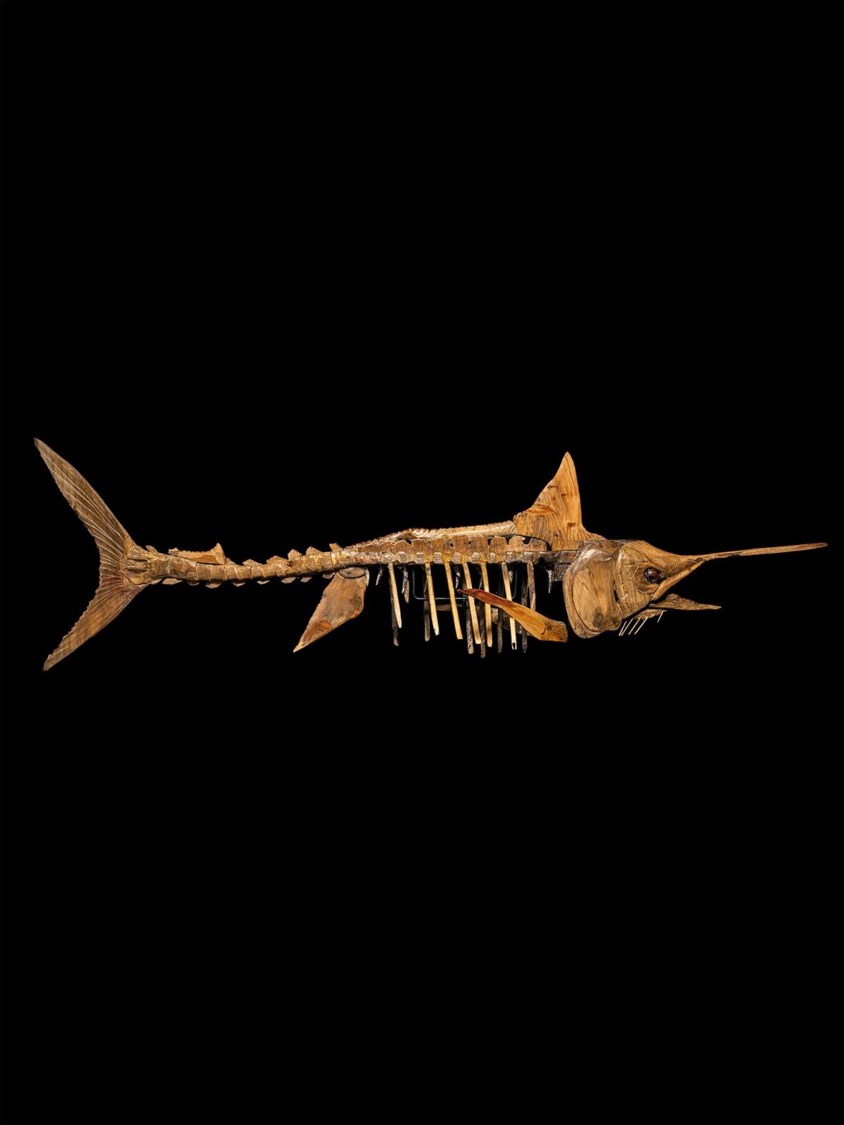 A large handmade wooden sculpture, study of a Marlin, in skeletal form., -