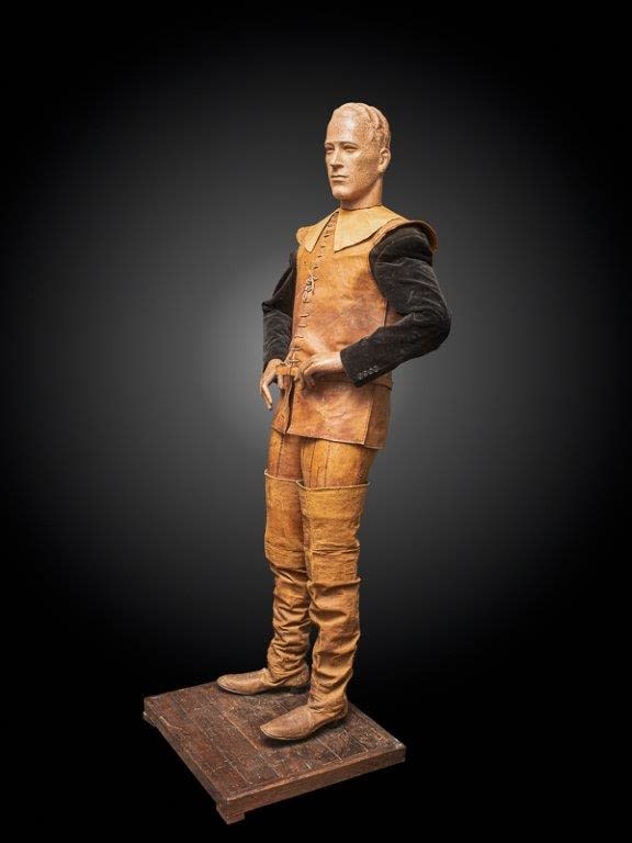 Lifesize Vintage Wooden Mannequin featuring articulated arms and legs, a ceramic head and full Musketeer outfit, 20th Century