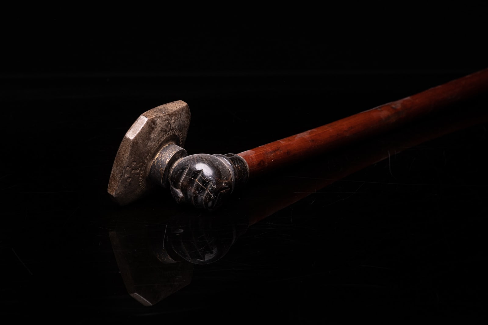 Large Antique Chinese Opium Pipe in Bamboo, Horn and Jade. The Long Stem ends in a Clenched Hand, holding a Grey Ceramic Pipe-Bowl., 19th Century