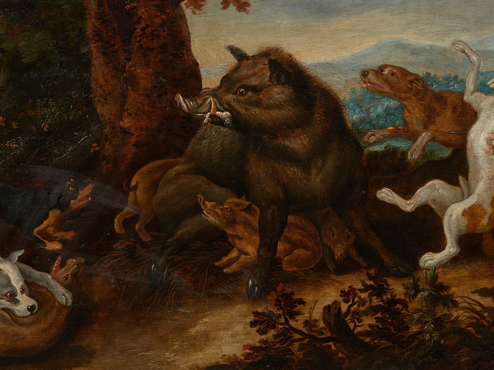 17th C Wild Boar Hunt, Attr. to Jan van Kessel (Antwerp,1626 -Antwerp,1679) on Panel marked by Guilliam Gabron (1609-1662), Antwerp, Oil on Oak, 17th C