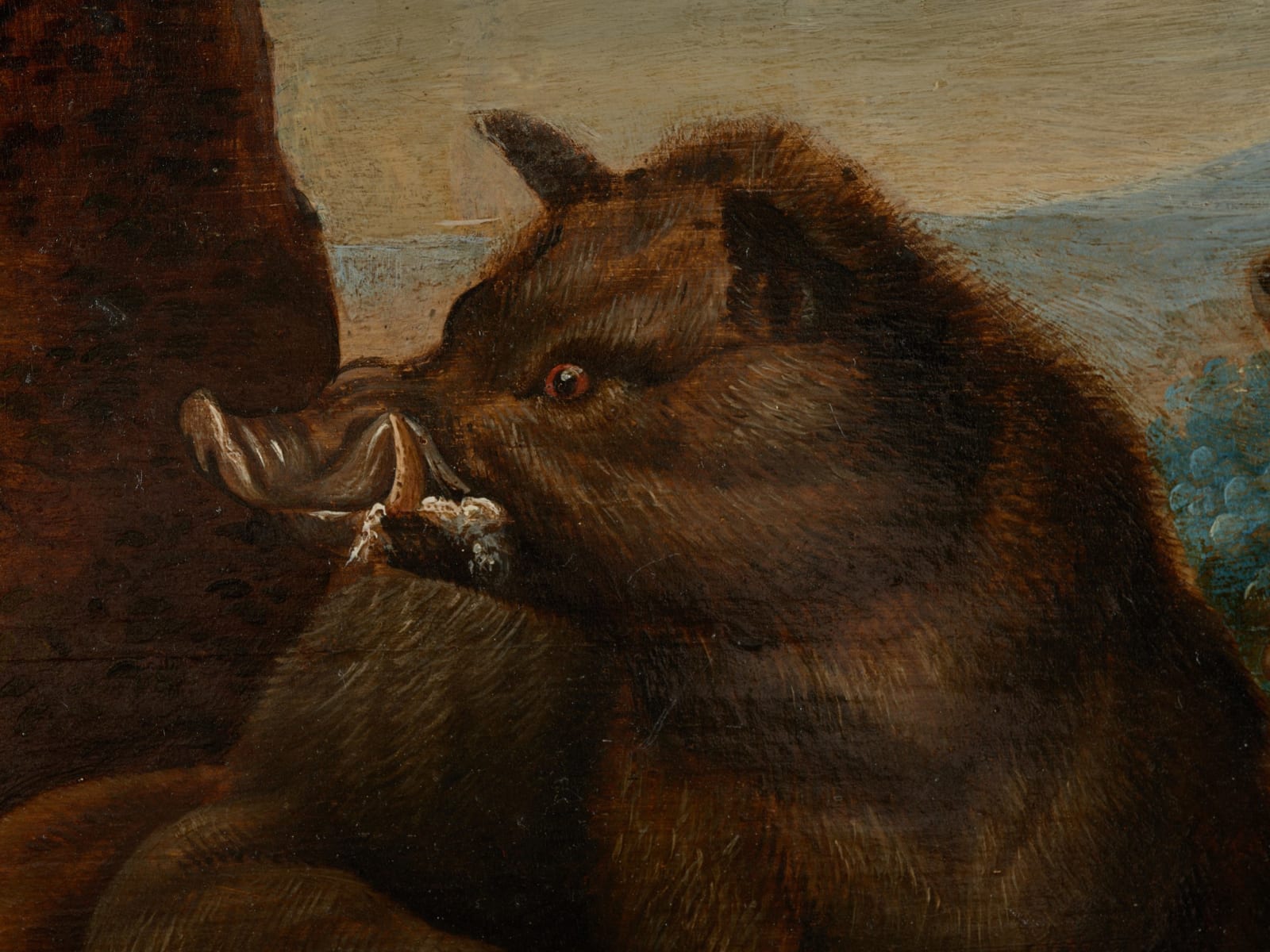 17th C Wild Boar Hunt, Attr. to Jan van Kessel (Antwerp,1626 -Antwerp,1679) on Panel marked by Guilliam Gabron (1609-1662), Antwerp, Oil on Oak, 17th C
