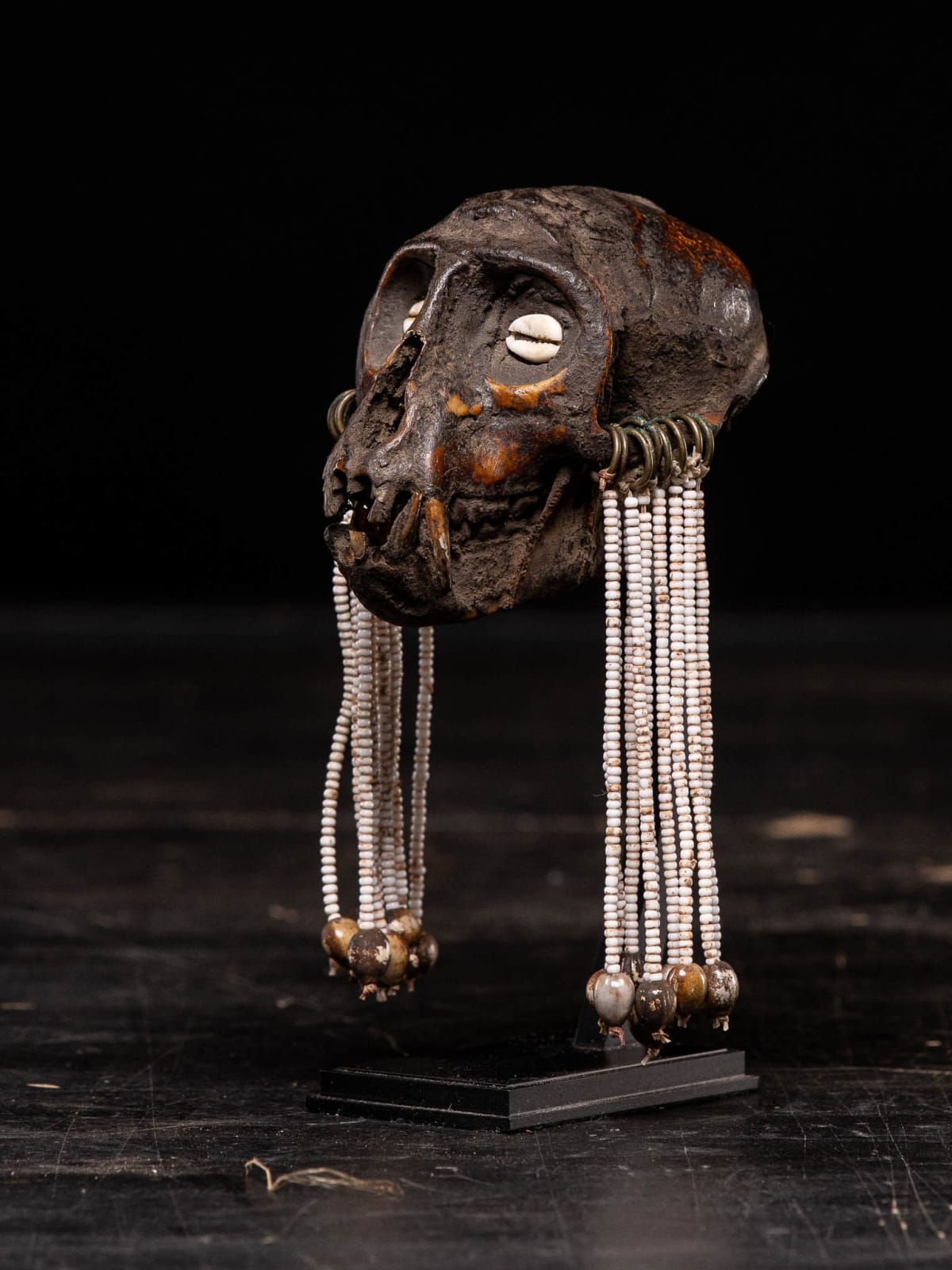 Small Ceremonial dark patinated Monkey Skull decorated with beads, Borneo, 1st half 20th Century