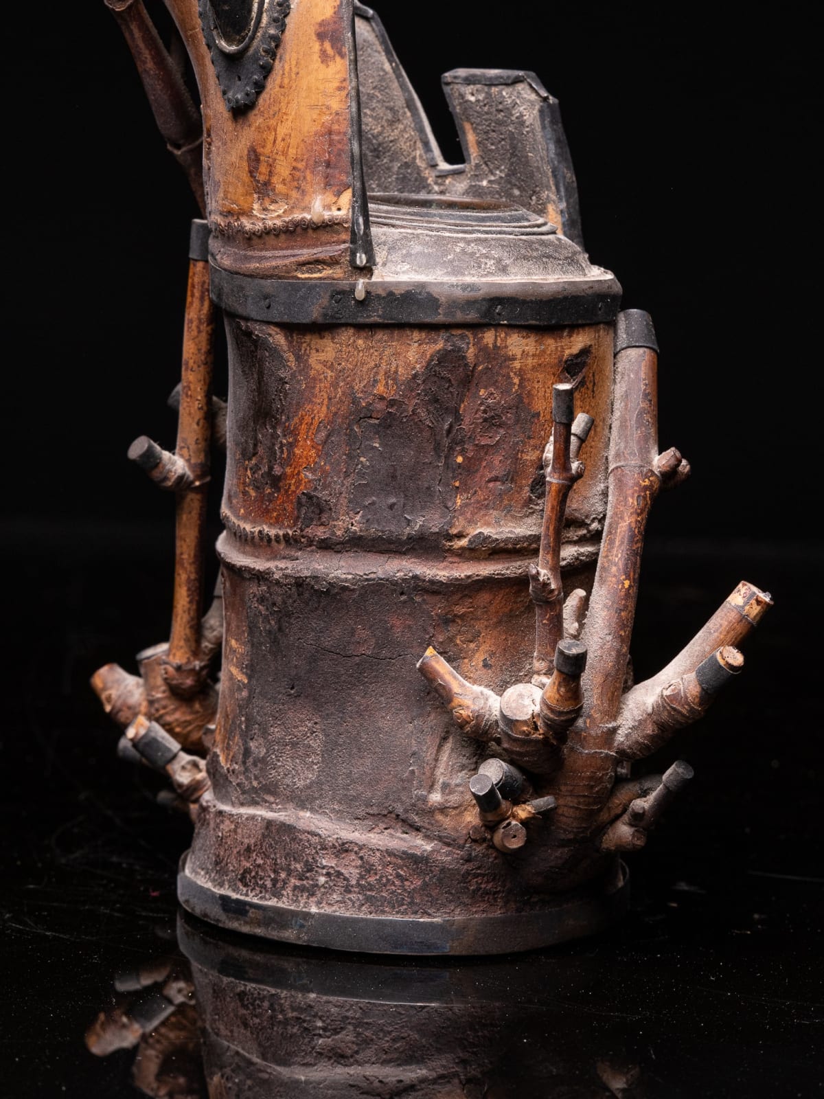 Very Rare and Old Chinese Tubular Table Water Pipe, Made from the Root of a Bamboo. The Ends of the Rootlets are finished with silver., 19th Century