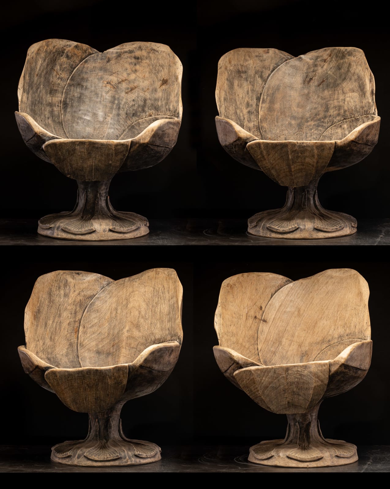Set of 4 hardwood chairs hand-carved out of one solid block in the form of a stylized flower-form.,