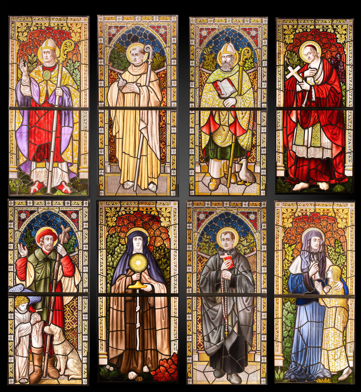 Set of eight 19th Century glass stained windows. Belgium., 19th Century