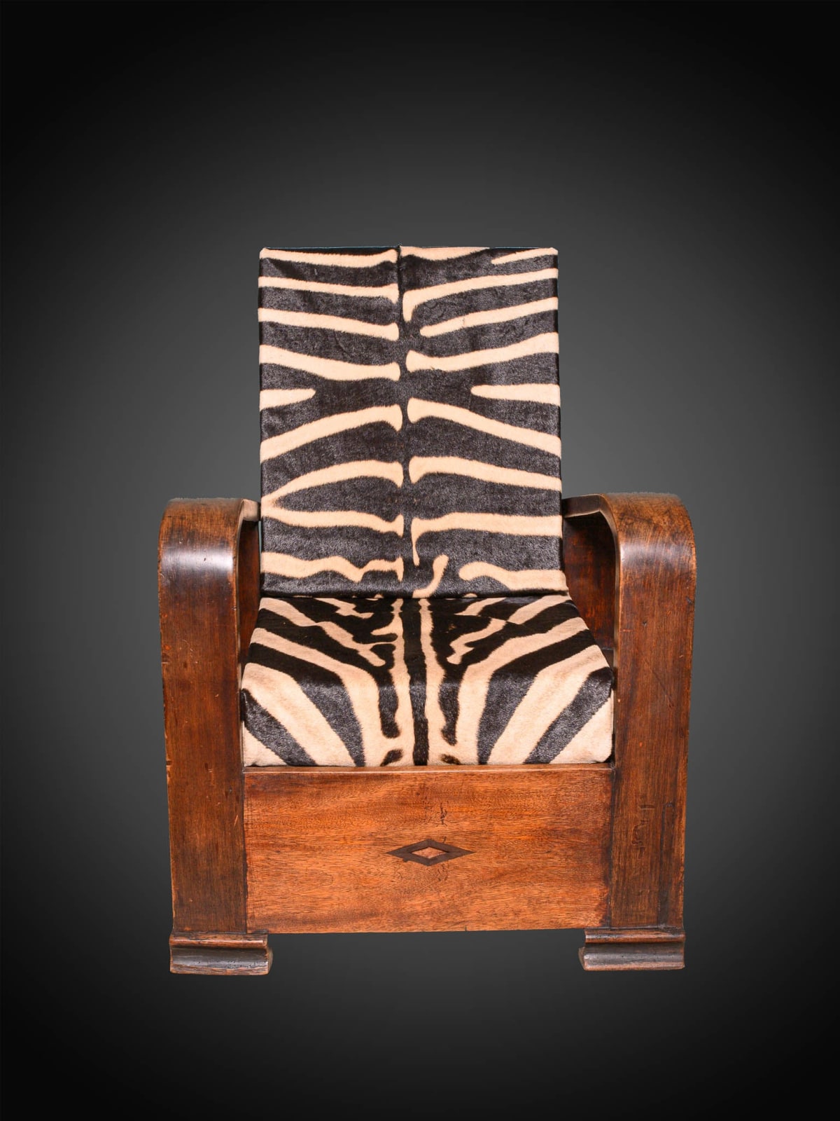 Pair of Midcentury Wooden Lounge Chairs with folding back and real zebra skin cushions, 20th Century