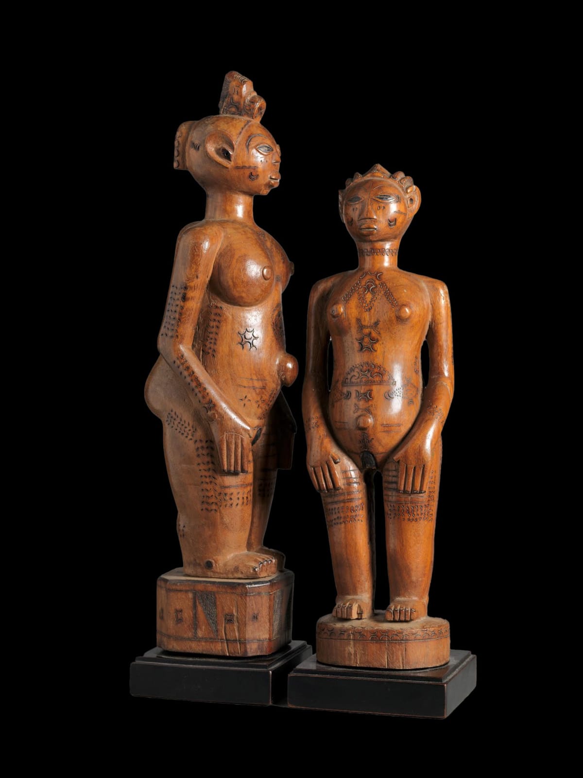 Zela People, DRC. Two Wooden Ancestors Sculptures with Scarifications., 1st half 20th Century