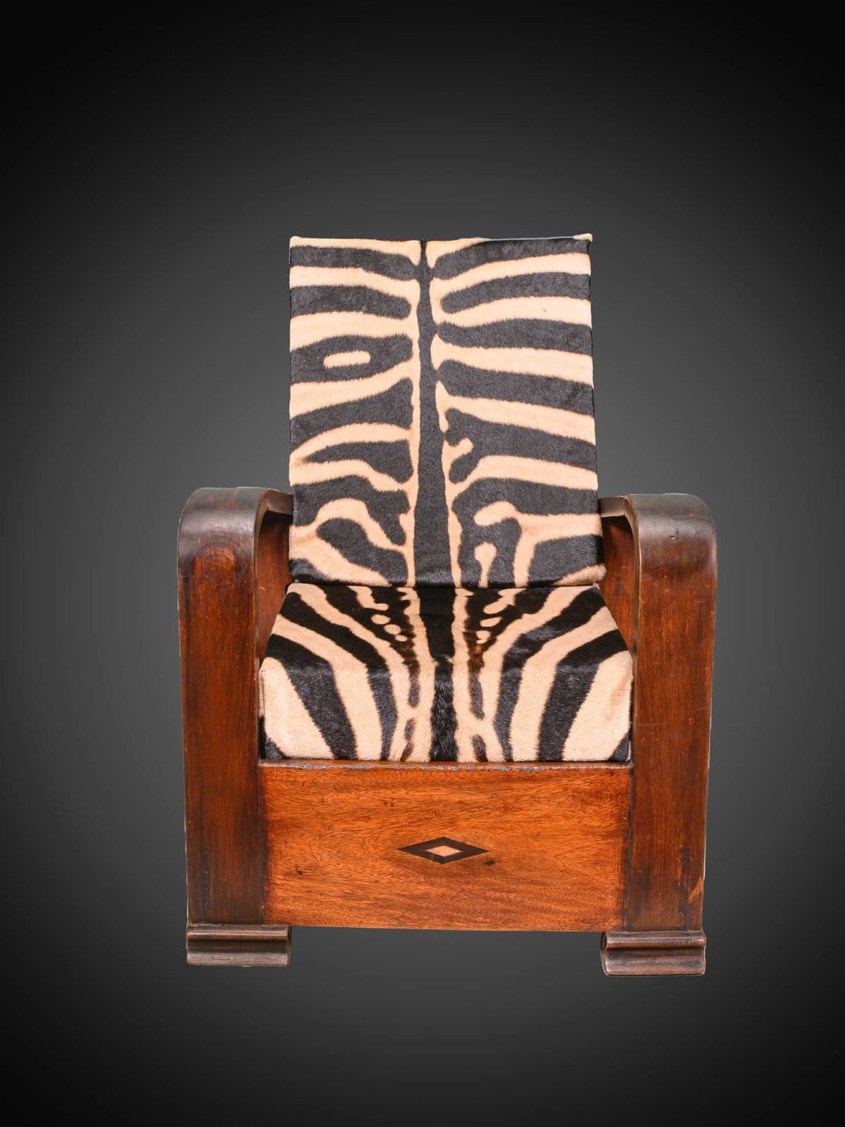 Pair of Midcentury Wooden Lounge Chairs with folding back and real zebra skin cushions, 20th Century