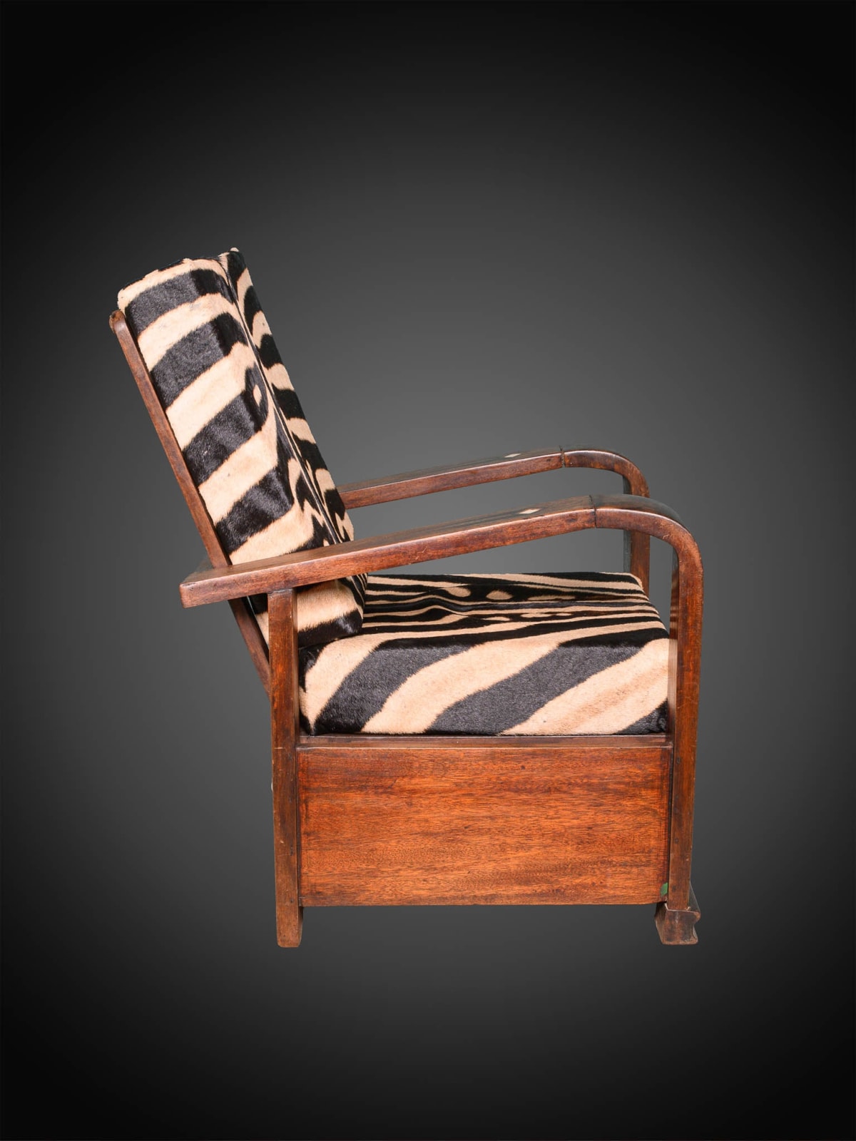 Pair of Midcentury Wooden Lounge Chairs with folding back and real zebra skin cushions, 20th Century