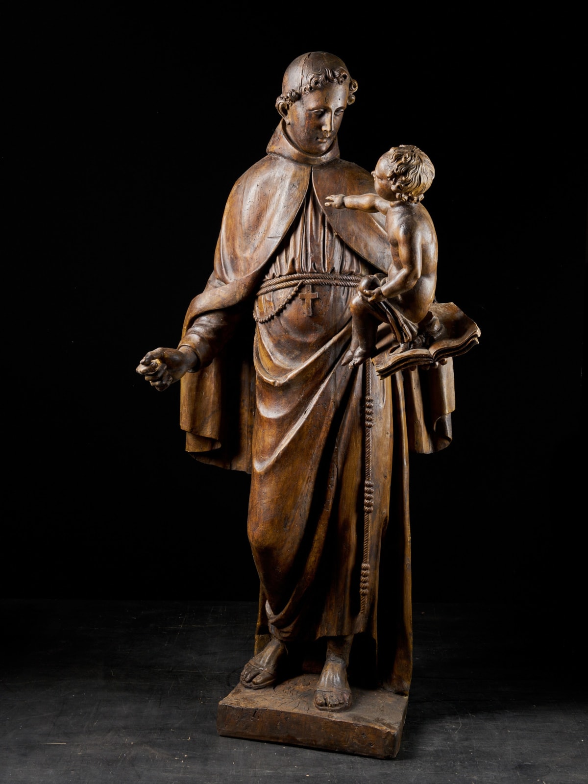 17th C, Baroque, Saint, Italian School, Wooden Sculpture of Saint Anthony carrying the Christ Child, Wood, 145 x 71 cm x 40 cm, 17th