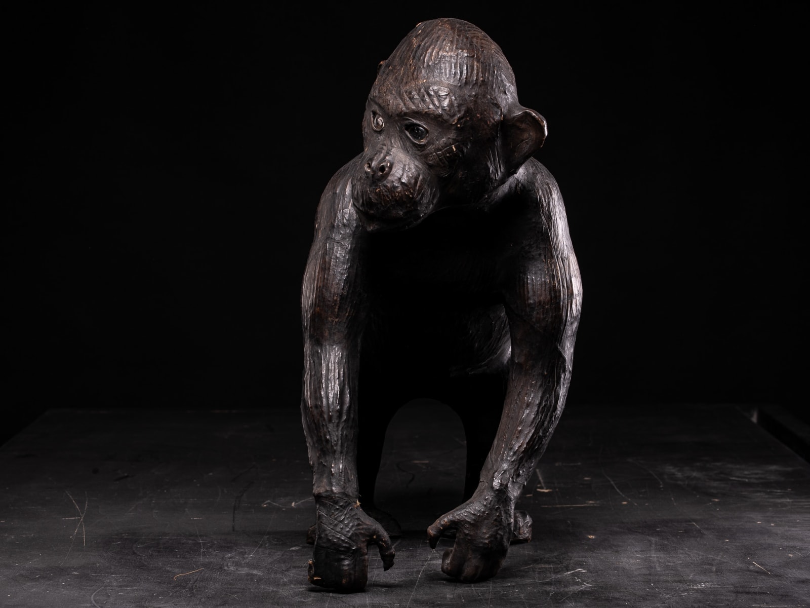 Leather walking Monkey Statue with Glass eyes, Unknown year