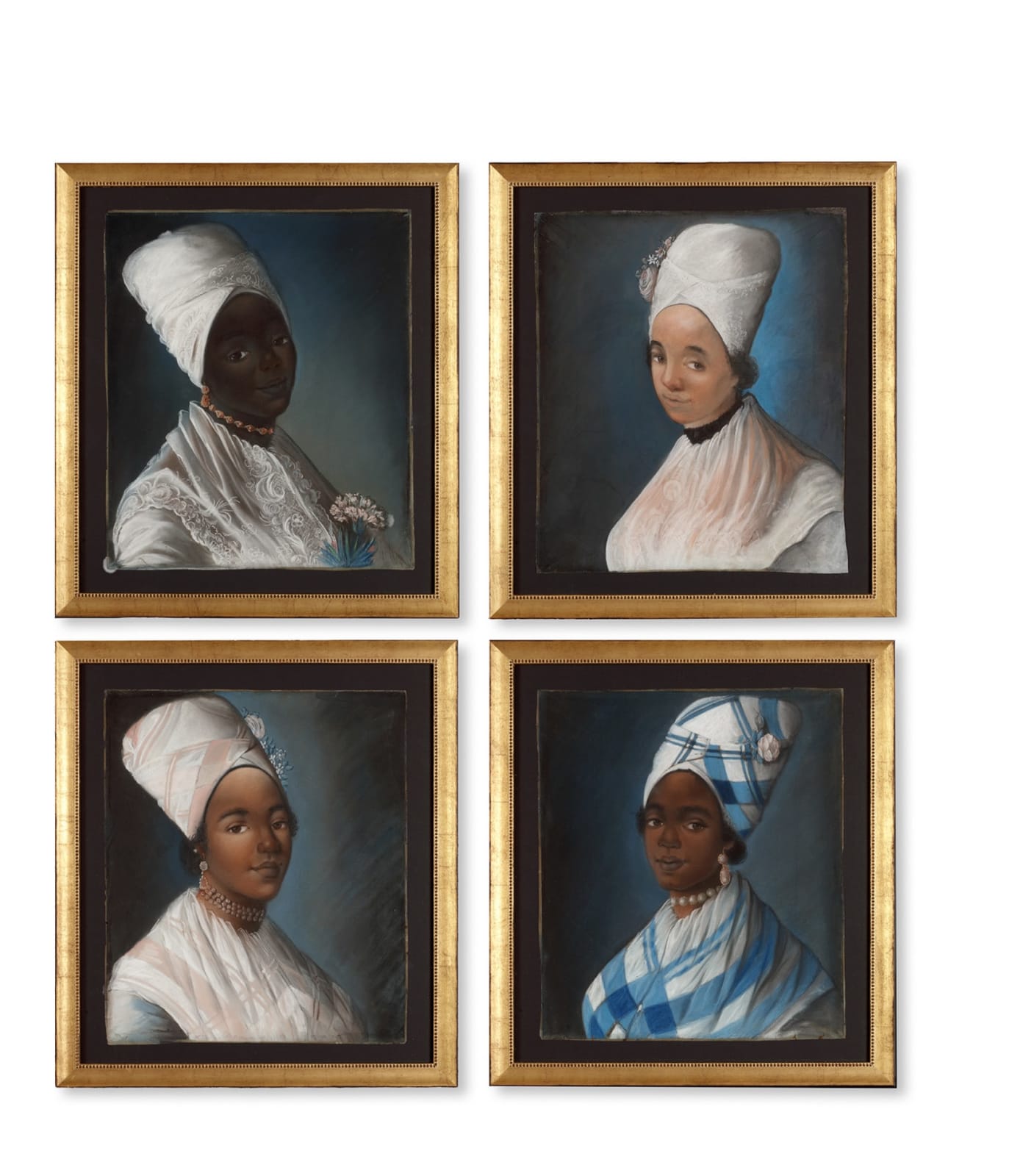 Four portraits of women of Guadeloupe by Joseph Savart (1735-1801), titled respectively ‘la Négresse’, ‘la Mestisse’, ‘la Cabresse’, and ‘la Mulatresse’ on the backing. Each signed, dated, and annotated À la Guadeloupe, Savart invt 3 mars 1769, 1769