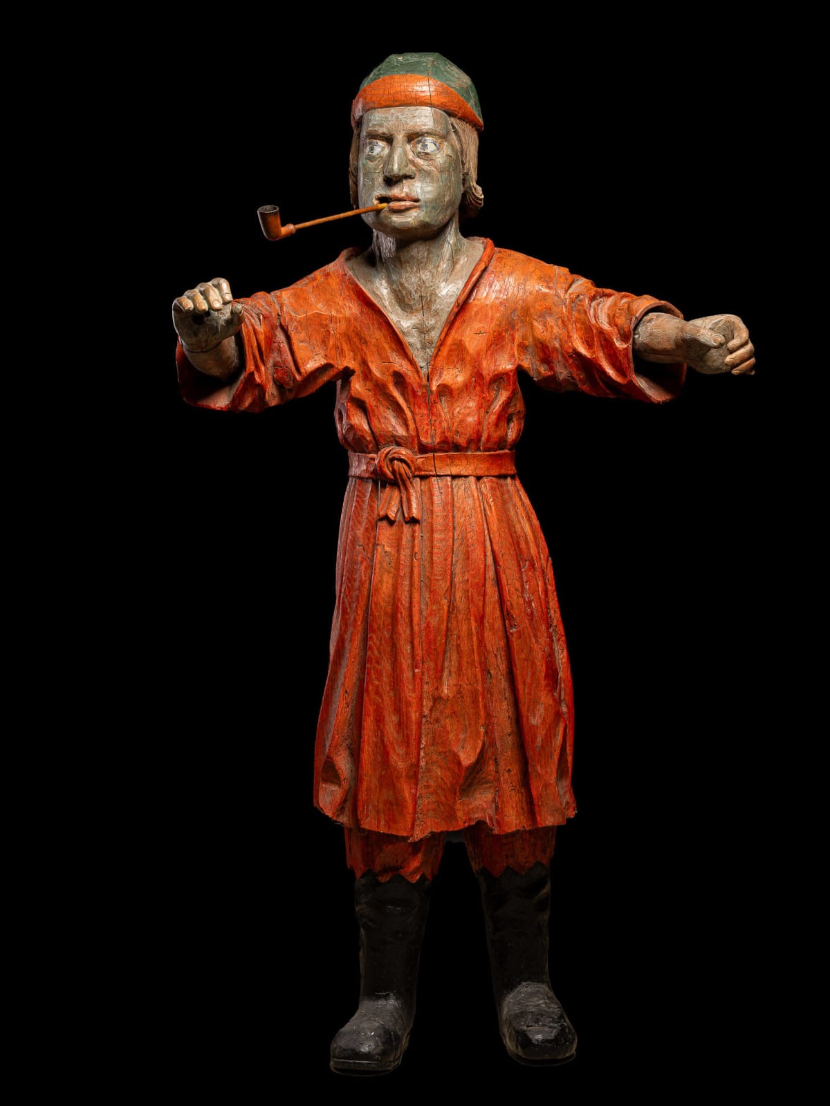 19th C Tobacco Shop Publicity Statue smoking a pipe -polychromed wood., 19th Century