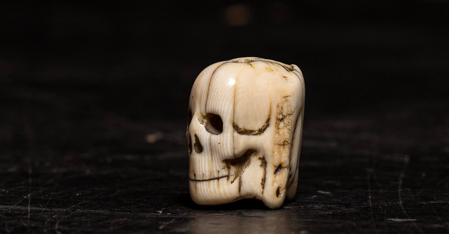 A Flemish Carved Ivory Janus faced Memento Mori Vanitas Paternoster Rosary Bead, Belgium, 17th Century