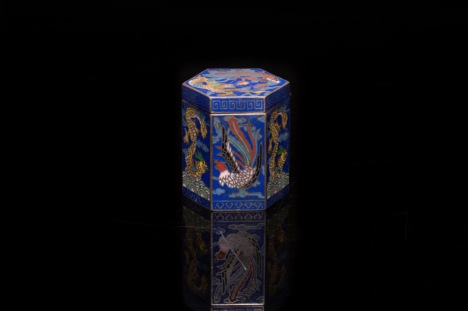 Antique Hexagonal Chinese Opium Boxes in Cloisonné Enamal , decorated with a Dragon and a Phoenix. The Rectangular Box is decorated with Vases and Flowers., 19th Century