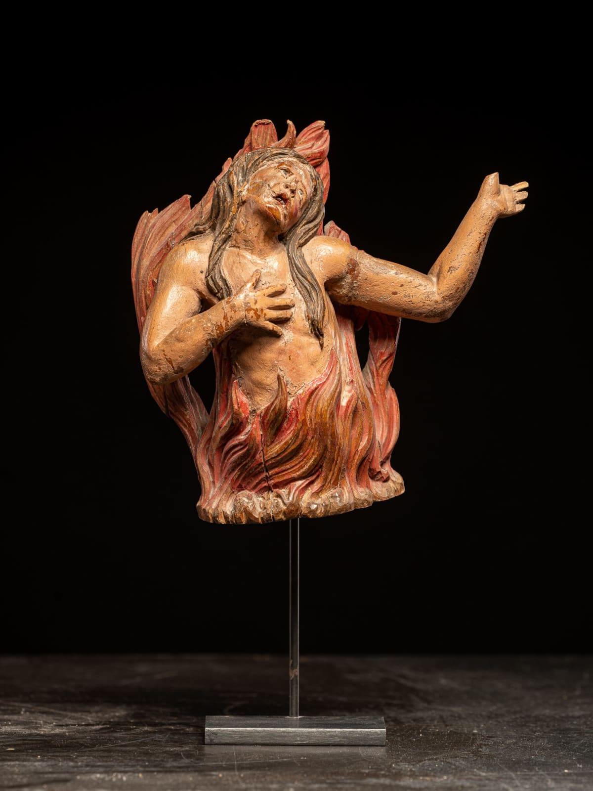 Pair of carved oak Souls in Purgatory, male and female, 17th C, Southern Europe, 17th C