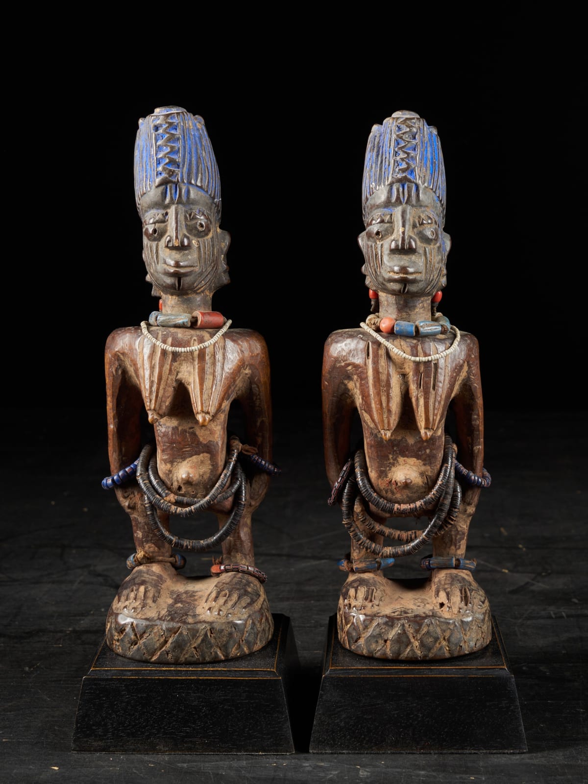 Pair of Ibeji Female Twin Figures covered - old beads and polychromed hairdress,Yoruba People, Nigeria, first half 20th C