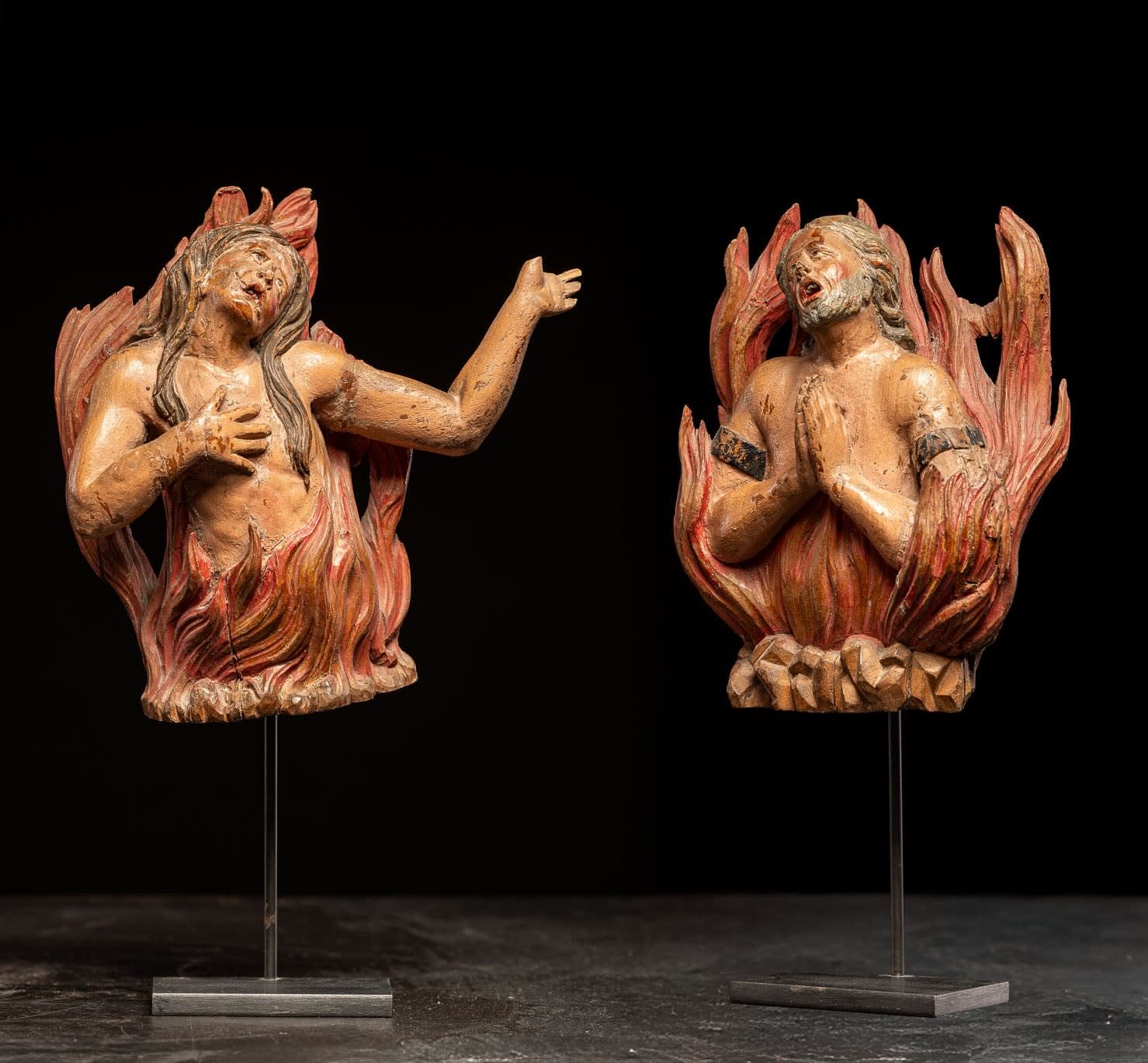 Pair of carved oak Souls in Purgatory, male and female, 17th C, Southern Europe, 17th C