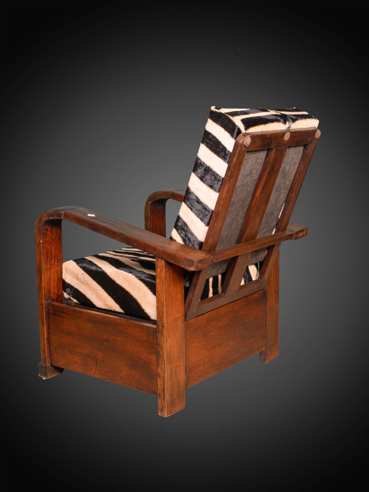 Pair of Midcentury Wooden Lounge Chairs with folding back and real zebra skin cushions, 20th Century