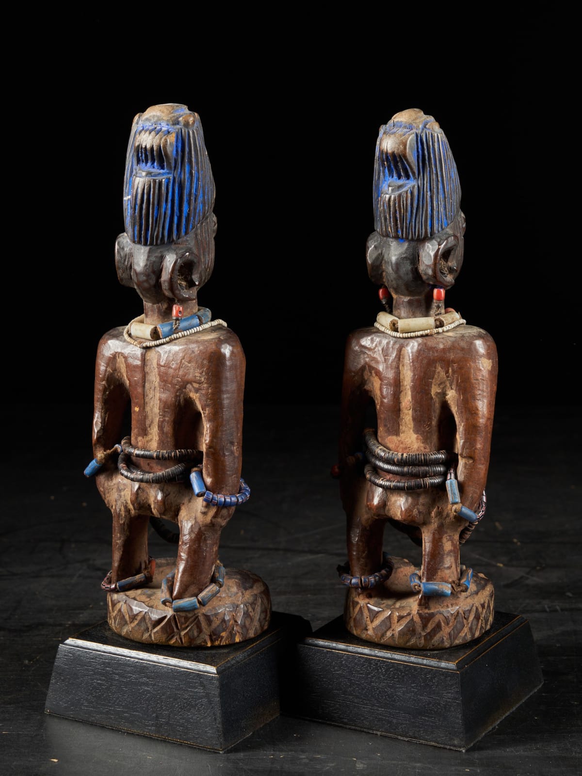 Pair of Ibeji Female Twin Figures covered - old beads and polychromed hairdress,Yoruba People, Nigeria, first half 20th C