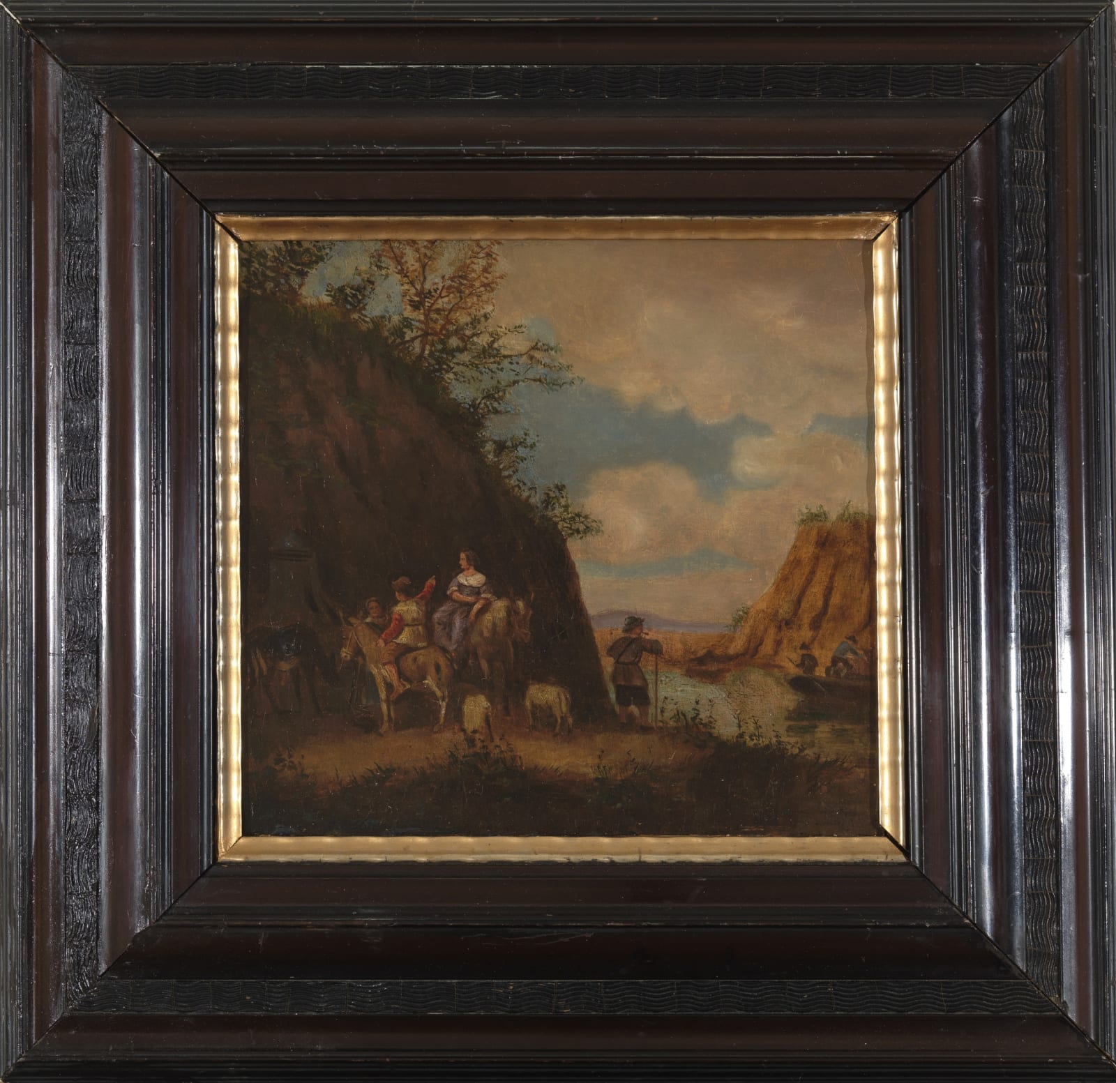 17th C Landscape Painting with Staffage, Noblewoman with Squire, Oil on Copper, 17th C