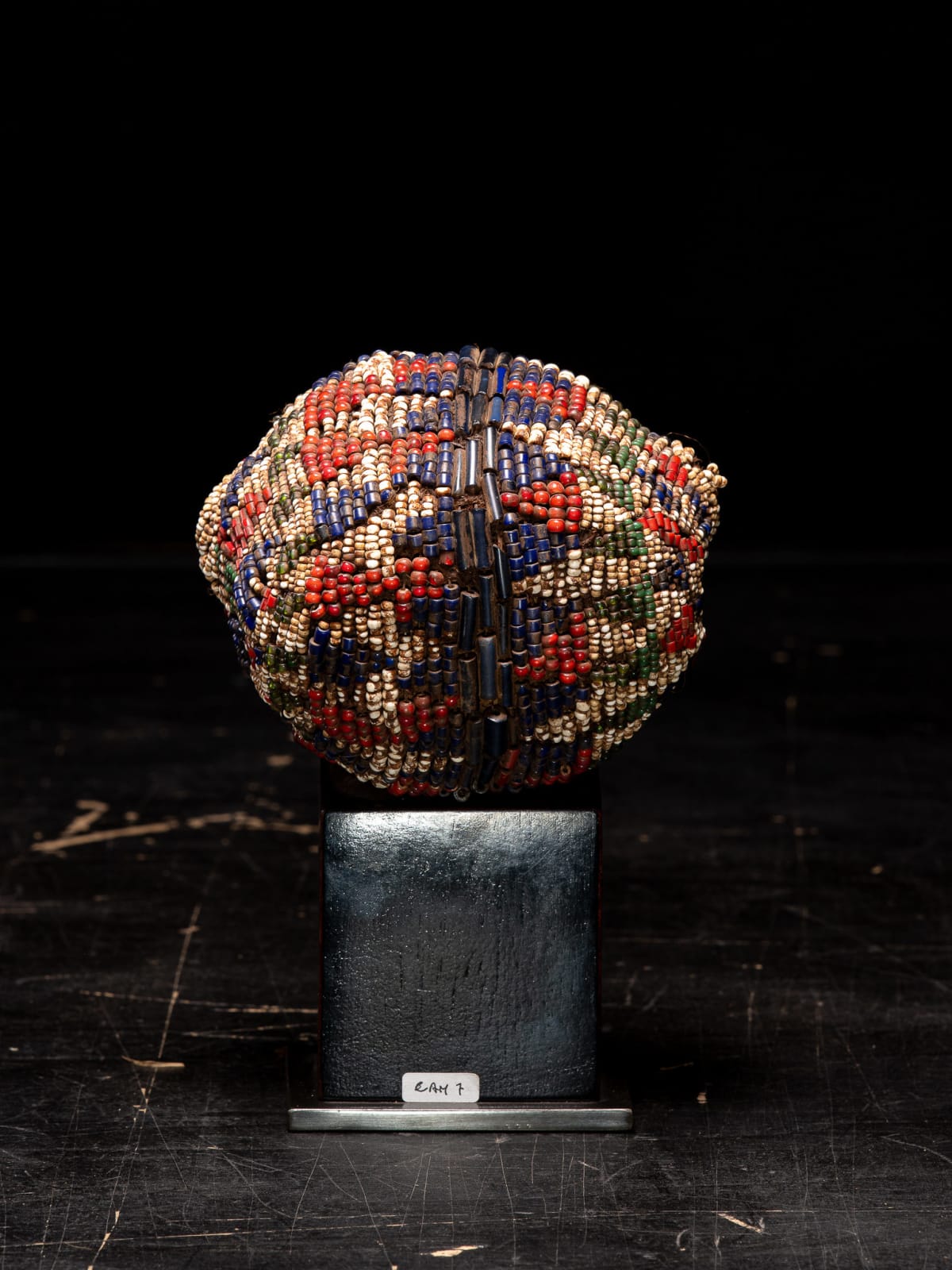 Bamileke Old Anthropomorphic Trophy Head embroidered with Murano White heart Glass Beads, Cameroon, 1st half 20th Century